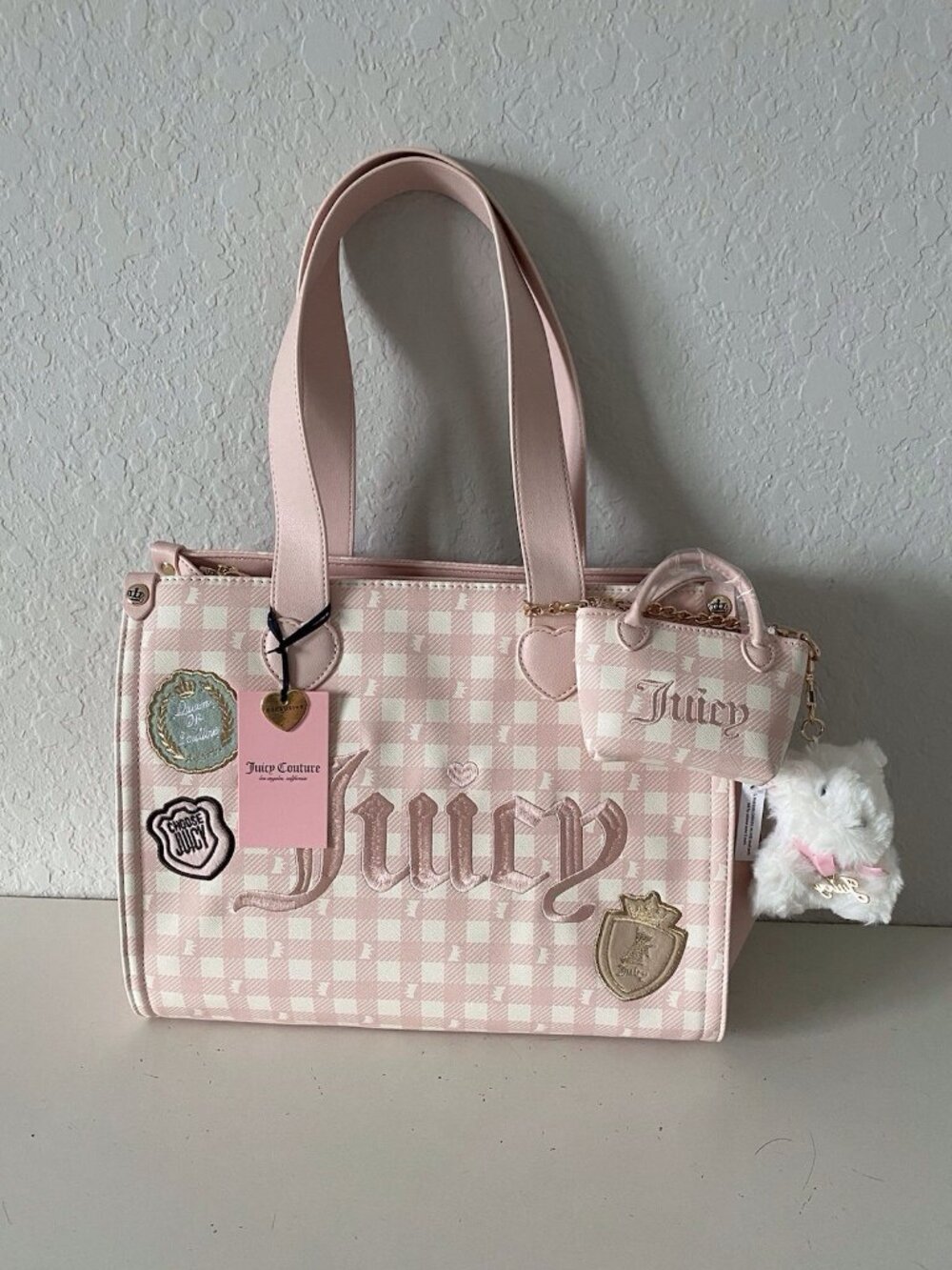 Juicy Couture Study In Style Tote W\Scottie Dog And Mini‎ Bag In Pink Clay NEW